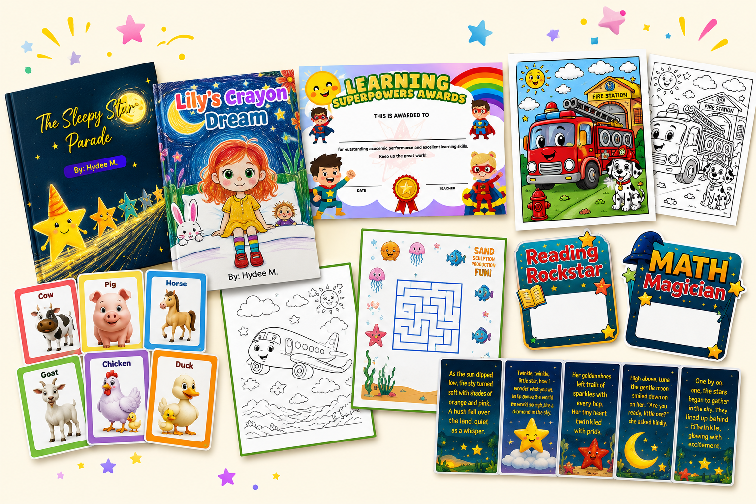 A collage of real printable rewards available inside My Pocket Sensei: storybooks, certificates, coloring pages, flashcards, worksheets, stickers and badges.